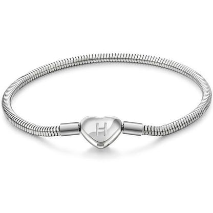 Initial Bracelet Heart Clasp Stainless Steel Snake Chain Alphabet Letter Charm Gift for Women Mom Girlfriend Wife - style: H