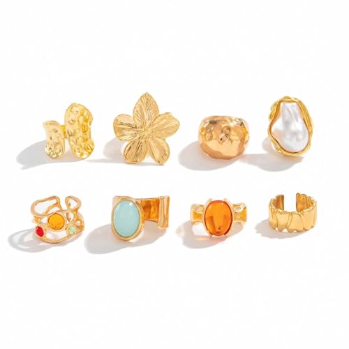 Rrdaily 14K Gold Plated Stackable Knuckle Rings Set for Women Trendy Chunky Simulation Gemstone Signet Rings Dainty Midi Finger Rings Pack Aesthetic Statement Jewelry for Bridesmaid Wedding Gifts - style: 8 Pcs Gold