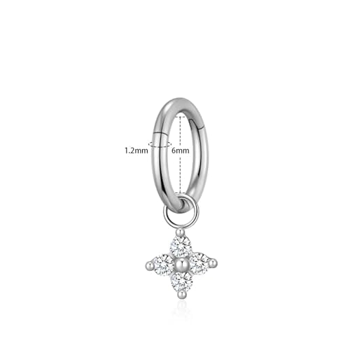 Ourania 16G Gold Stainless Steel Zircon Dangle Huggie Hoop Rook Piercing Helix Hoop Earring Tragus Hoop Cartilage Piercing for Women - color: Round Flower Silver 2PCS, size: 1.2*6mm 2pcs