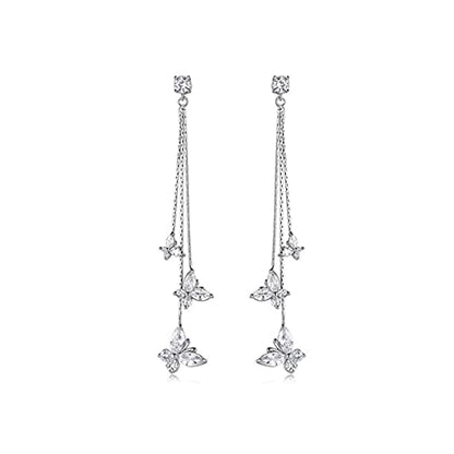 Temperament Crystal Butterfly Drop Dangle Earrings for Women Long Tassel Butterfly Stud Earrings - color: Silver