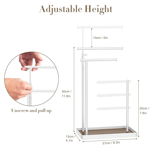 susswiff Jewelry Holder Organizer Stand - Adjustable Tall 17.5" (Max), Sturdy Jewelry Hanger for Necklaces, Earrings, Bracelets, Rings, Jewlery Display and Storage, White, Metal - color: White