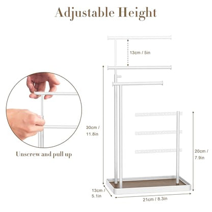 susswiff Jewelry Holder Organizer Stand - Adjustable Tall 17.5" (Max), Sturdy Jewelry Hanger for Necklaces, Earrings, Bracelets, Rings, Jewlery Display and Storage, White, Metal - color: White
