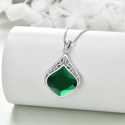 YAFEINI Teardrop Necklace Sterling Silver Filigree Irish Pendant Necklace Natural Stone Moonstone/Lapis Lazuli/Larimar/Moss Agate Necklace Jewelry - color: Emerald stone necklace