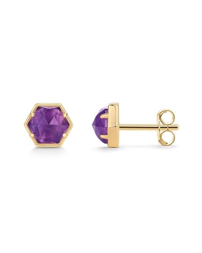 PAVOI 14K Gold Plated Hexagon Gemstone Stud Earrings for Women | Natural Birthstone Earring Pair - color: Amethyst