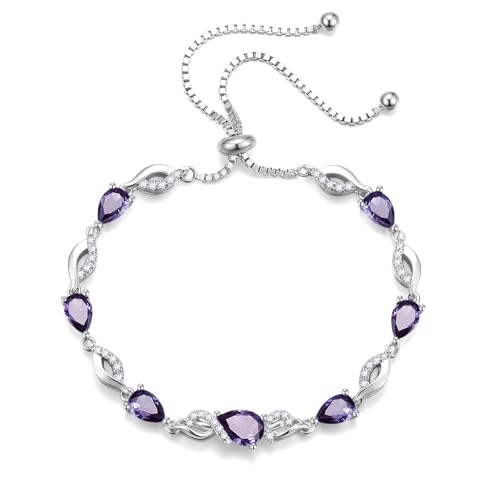 FANCIME Birthstone Teardrop Tennis Bracelet for Women, Sterling Silver 9x7mm main Gemstone Bolo Adjustable Chain Bracelet Fine Jewelry Birthday Gifts for Women Mom Wife Her - color: 02-Amethyst