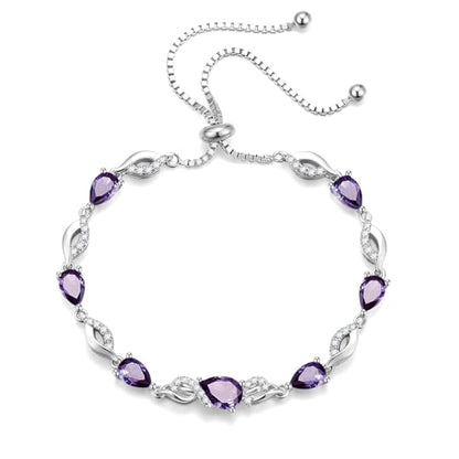 FANCIME Birthstone Teardrop Tennis Bracelet for Women, Sterling Silver 9x7mm main Gemstone Bolo Adjustable Chain Bracelet Fine Jewelry Birthday Gifts for Women Mom Wife Her - color: 02-Amethyst