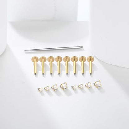 Xpircn Flat Back Stud Earrings 14K Gold Plated Internally Threaded CZ Stud Piercing Jewelry for Tragus Helix Cartilage Conch Nose Hypoallergenic Lip Labret Medusa Piercing 16G 18G - color: 16 Gauge, Gold, size: 12mm Bar