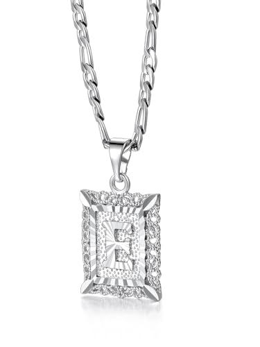 U7 Initial Letter Necklace for Men Women, 14K Gold/Silver Plated Square Capital Monogram Pendant Necklace from A-Z with 22+2 Inch Figaro Chain, Personalized Jewelry for Him - color: Silver, style: E