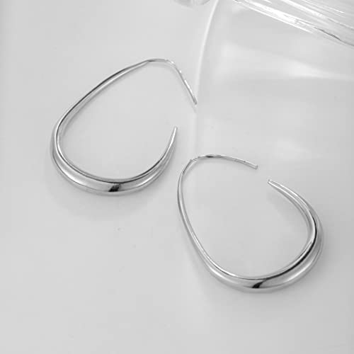 Lightweight Teardrop Hoop Earrings for Women - 14k Gold/White Gold Plated Large Oval Pull Through Hoop Earrings High Polished Statement Jewelry Gift for Women - color: silver 30*18