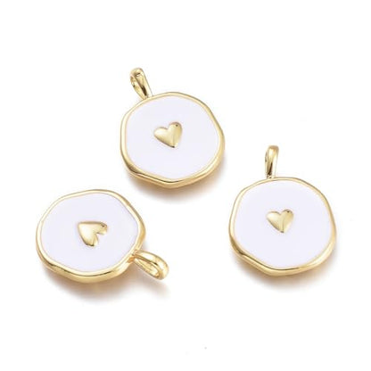 DanLingJewelry10Pcs White Heart Charms Flat Round with Heart Brass Enamel Charms for Jewelry Making Bracelet Earrings Necklace