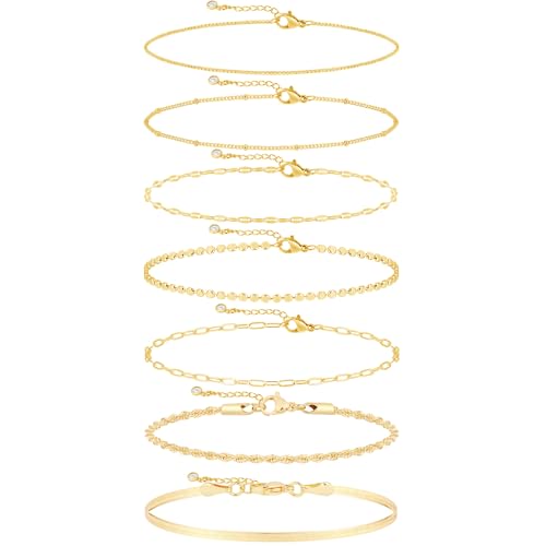 Kyerlyn Gold Bracelets for Women Waterproof, 14K Real Gold Jewelry Sets for Women Trendy Dainty Stackable Cuban Link Paperclip Chain Bracelet Pack Fashion Accessories Gifts - style: G-5
