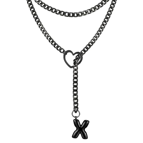Black Heart Slip Chain Initial Necklaces for Women, Stainless Steel Wrap Choker Necklace, Gothic O-Ring Adjustable Lariat Y Necklaces, Punk Cuban Collar Choker Necklace, Halloween Jewelry Gift - color: Black X