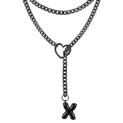Black Heart Slip Chain Initial Necklaces for Women, Stainless Steel Wrap Choker Necklace, Gothic O-Ring Adjustable Lariat Y Necklaces, Punk Cuban Collar Choker Necklace, Halloween Jewelry Gift - color: Black X