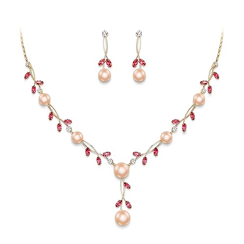 EVER FAITH Cubic Zirconia Pearl Leaf Vine Wedding Jewelry Set for Bride | Crystal Filigree Bridal Necklace Earrings, for Women Bridesmaid - color: 2pcs_Pink Gold-Plated-Brass
