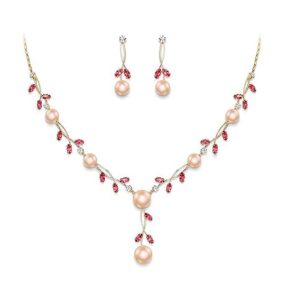 EVER FAITH Cubic Zirconia Pearl Leaf Vine Wedding Jewelry Set for Bride | Crystal Filigree Bridal Necklace Earrings, for Women Bridesmaid - color: 2pcs_Pink Gold-Plated-Brass