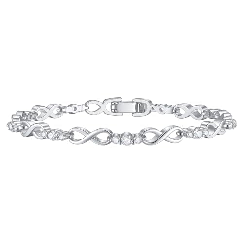 Tennis Bracelet for Women - 14K Gold Plated Heart Cubic Zirconia Bracelet, Dainty Trendy Anniversary Birthday Christmas Jewelry Gift for Her - color: Infinity Silver-17CM