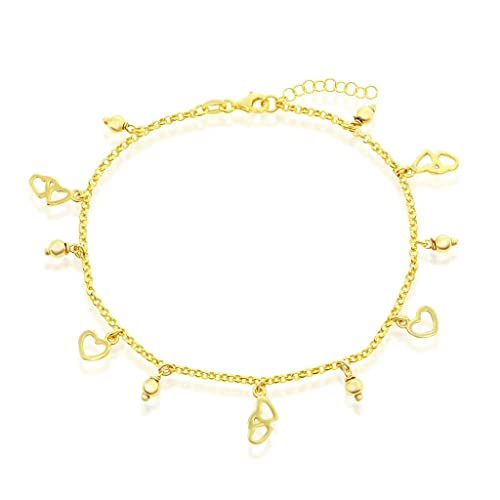 14K Gold Plated Chains – Pave Figaro/Figaro/Cuban/Marina/Franco/Cross/Butterfly/Hearts & Beads/Elephant Charms Rolo 9”/9+1” Anklets – Jewelry for Women or Teens - style: 9+1" Rolo Chain - Hearts & Beads
