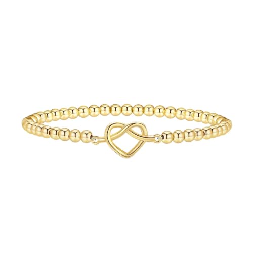 Beaded Bracelets for Women 14K Silver Gold Plated Stretch Handmade Ball Bracelets Cute Charm Bracelet Dainty Stackable Cross Heart Bow Wave CZ Circle Trendy Jewelry Easter Gifts - color: knot-heart