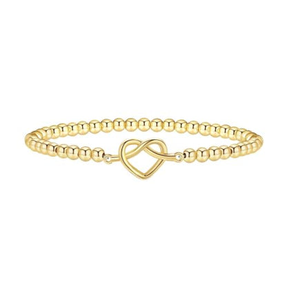 Beaded Bracelets for Women 14K Silver Gold Plated Stretch Handmade Ball Bracelets Cute Charm Bracelet Dainty Stackable Cross Heart Bow Wave CZ Circle Trendy Jewelry Easter Gifts - color: knot-heart