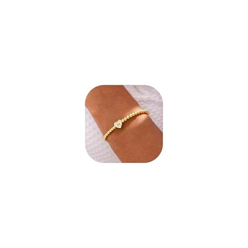 Beaded Bracelets for Women Dainty Beaded Heart Initial Bracelets Letter A-Z Charm Stretch Bead Ball Bracelet Trendy Jewelry Gifts - style: Gold-H