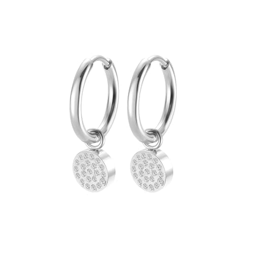 Women's Huggie Hoop Earrings with Small Cute Charm - style: Silver Full Moon CZ