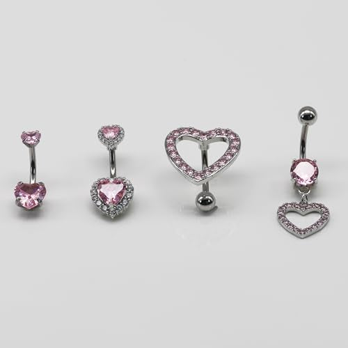 BSJ4U Nipple Ring and Belly Button Ring Set 14G Stainless Steel Sparkly Pink CZ Heart Bar Barbell Nipple Belly Piercing Body Jewelry - style: Dainty