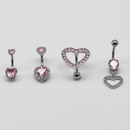 BSJ4U Nipple Ring and Belly Button Ring Set 14G Stainless Steel Sparkly Pink CZ Heart Bar Barbell Nipple Belly Piercing Body Jewelry - style: Dainty