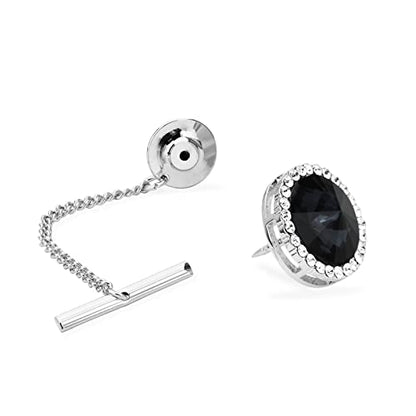 Men's Classic Round Crystal Men's Tie Tack Gold Color Tie Tack Clutch Back Fashion Necktie Tack Pin with Chain Crystal Lapel Pins Brooch - color: Black&Silver Tie Tack
