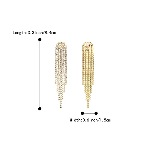 Clip-on Earrings Rhinestone Dangling for Women Fashion Long Chandelier Sparkle Crystal Tassel Dangle Drop Earring - color: Clear-Gold-Tone