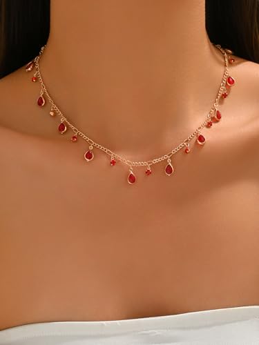 Bohemian Red Rhinestone Choker Necklace for Women, Gold Tone Teardrop Tassel Dangle Collar Chain, Elegant Ruby Red Crystal Fringe Necklace Jewelry for Party Prom Wedding