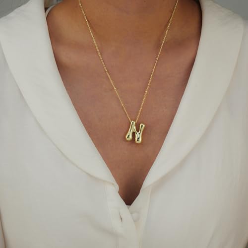 Bheop Initial Necklace for Women, Gold Silver A-Z Bubble Letter Necklace | Chunky Personalized Monogram Name Pendant, Cute Balloon Charm, Dainty Beaded Chain, Trendy Jewelry Gifts, Non Tarnish - color: Gold, style: N