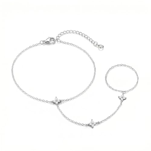 Bracelets for Women, Dainty Gold Silver Ring Bracelet Hand Chain | Cubic Zirconia Pearl Charms, 14K Gold Plated, Adjustable Fit, Trendy Stackable Link Chain, Waterproof Jewelry, Gift for Her - color: Silver-clover hand chain