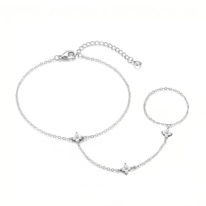 Bracelets for Women, Dainty Gold Silver Ring Bracelet Hand Chain | Cubic Zirconia Pearl Charms, 14K Gold Plated, Adjustable Fit, Trendy Stackable Link Chain, Waterproof Jewelry, Gift for Her - color: Silver-clover hand chain
