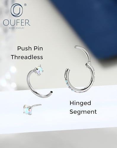 OUFER 2PCS Nose Rings Hoops, 20g Double Gem Horseshoe Threadless Nose Rings for Women, Septum Clicker Daith Tragus Helix Rook Eyebrow Lip Piercing Jewelry - color: Silver AB CZ