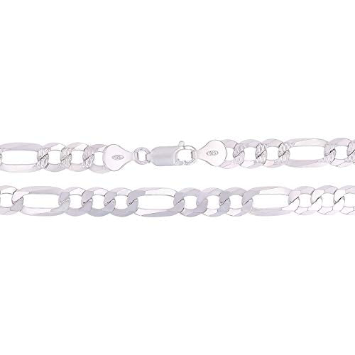 14K Gold or Rhodium Plated Silver Figaro Diamond Cut Pave Chain For Men | 1mm-13mm Thick | Solid 925 Figaro Italian Necklaces For Men - style: 7.50MM- White