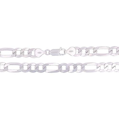 14K Gold or Rhodium Plated Silver Figaro Diamond Cut Pave Chain For Men | 1mm-13mm Thick | Solid 925 Figaro Italian Necklaces For Men - style: 7.50MM- White