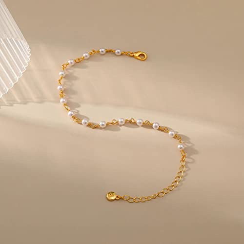 Dainty Gold Bracelets for Women, 18 Gold Plated Adjustable Evil Eye/Butterfly/Beaded/Pearl/Heart/Turquoise Handmade Bracelet for Women - style: Pearl Link