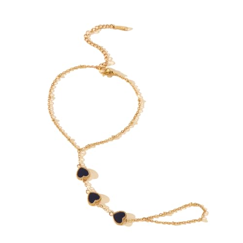Hand Chain Bracelets for Women 14K Gold Plated Dainty Link Bracelet Bracelets Trendy Ring Bracelet Birthday Jewelry Gifts for Women - style: Black Heart