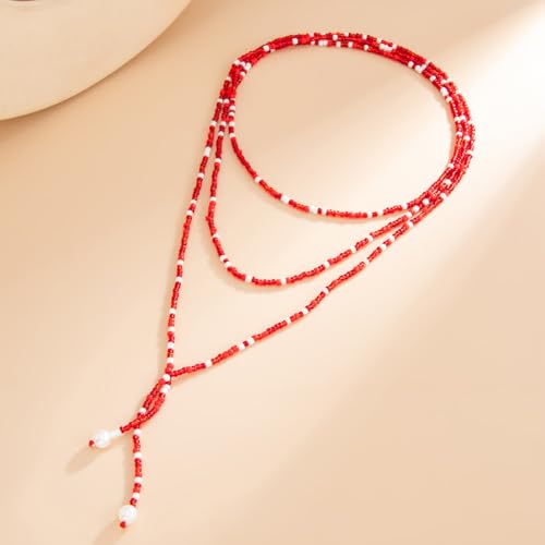 GYRMMUE Colorful Seed Bead Lariat Necklace for Women Boho Y Drop Beaded Choker Adjustable Multi Strand Wrap Necklaces Dainty Long Tassel Rice Bead Necklaces Everyday Party Jewelry - color: Red1