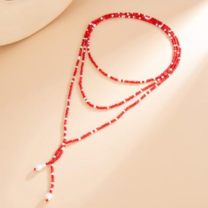 GYRMMUE Colorful Seed Bead Lariat Necklace for Women Boho Y Drop Beaded Choker Adjustable Multi Strand Wrap Necklaces Dainty Long Tassel Rice Bead Necklaces Everyday Party Jewelry - color: Red1