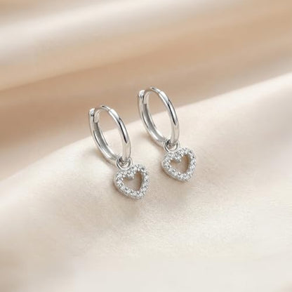 LeCalla 925 Sterling Silver Huggie Hoop Earrings for Women | Rhodium-Plated CZ & Moissanite Dangle Hoop Earrings | Heart, Double Hoop & 3 Stone Designs Hoops | Hypoallergenic Small Hoops Earring Gift for Women - style: Design 01 – Heart Dangle Hoop