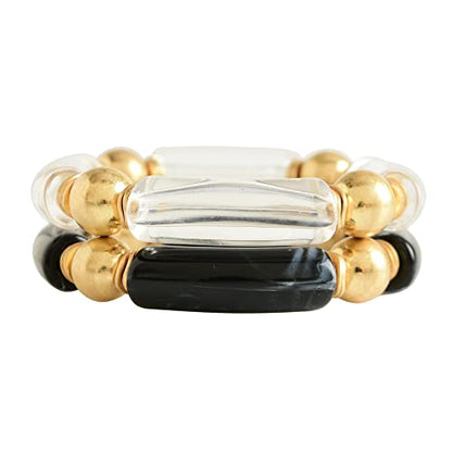 LALAPPLE Gold Plated Beaded Acrylic Bamboo Tube Bangle Bracelets for Women, Colorful Chunky Curved Tube With Gold Plated Pieces Beads Stretch Bracelet Friendship Summer Beach Jewelry - color: R-Black&Clear 2pcs