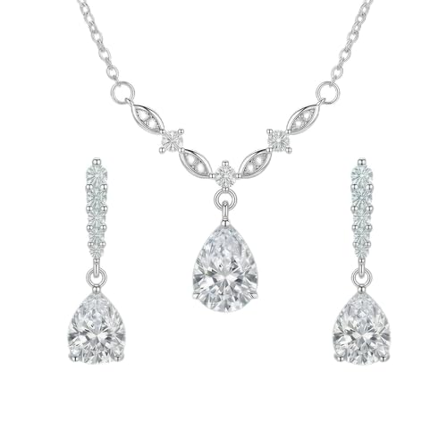 Platinum Plated Cubic Zirconia Teardrop Pendant Necklace Dangle Earrings Set, Silver Jewelry Set for Women,Wedding Jewelry Set for Bride,Bridesmaid Jewelry Gift, Gift for Valentine's Day, Birthday - color: White