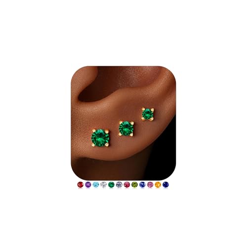 Small Birthstone Flat Back Stud Earrings for Women, 14K Real Gold Plated Hypoallergenic Earring Dainty CZ Cartilage Stud Earring Stack, Perfect Birthday Gifts for Women Her - color: 14K Gold Plated-05-May-Emerald Green