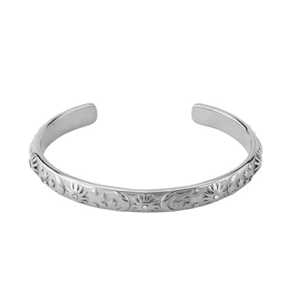 Embossed Moon Star Sun Bangle Cuff Bracelet for Women Fashion CZ Insected Celestial Open Adjustable Statement Bracelets Lightweight Boho Wrist Wrap Dress Accessories Jewelry Gift - color: Silver