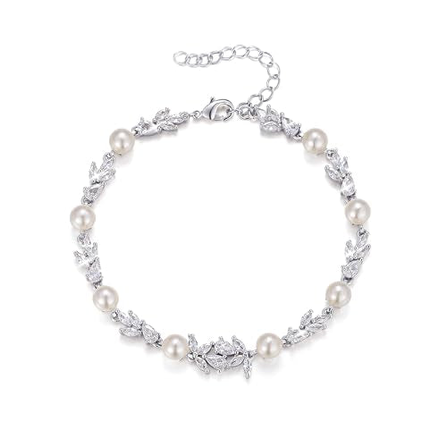 EVER FAITH Gorgeous Cubic Zirconia Pearl Wedding Link Bracelet for Bride | Marquise Teardrop Crystal Bridal Prom Jewelry, for Women Bridesmaids - style: Leaf_Clear Silver-Tone