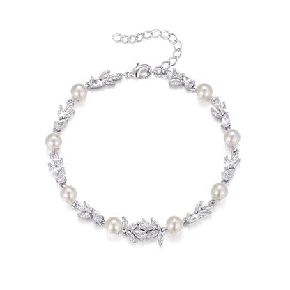 EVER FAITH Gorgeous Cubic Zirconia Pearl Wedding Link Bracelet for Bride | Marquise Teardrop Crystal Bridal Prom Jewelry, for Women Bridesmaids - style: Leaf_Clear Silver-Tone
