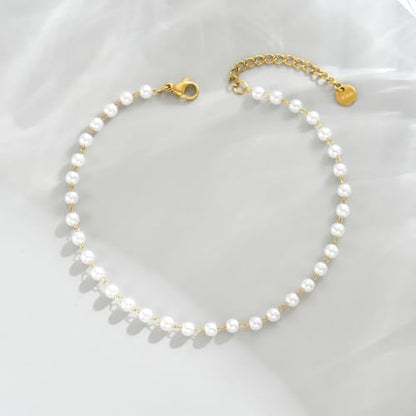 18K Gold Plated Boho Beaded Anklets for Women Dainty Gold Layered Round Ball Ankle Bracelet Pearl Cross Anklet Bracelet Waterproof Gold Jewelry - color: Pearl Beads-Gold