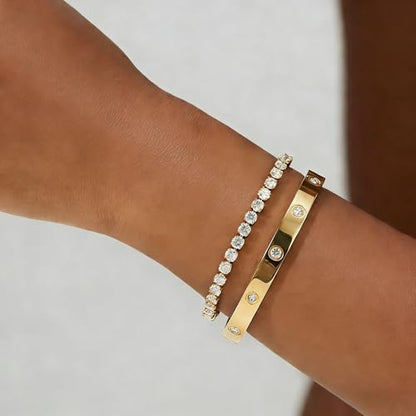 Gold Bracelet Stack,18K Gold Plated Clover Bracelet Love Gold Bangles Tennis Bracelet,3Pcs Gold Bracelets for Women Trendy Non Tarnish Gold jewelry for Women Gift - color: BLACK