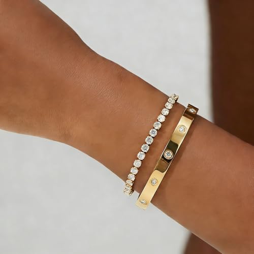 Gold Bracelet Stack,18K Gold Plated Clover Bracelet Love Gold Bangles Tennis Bracelet,3Pcs Gold Bracelets for Women Trendy Non Tarnish Gold jewelry for Women Gift - color: GOLD